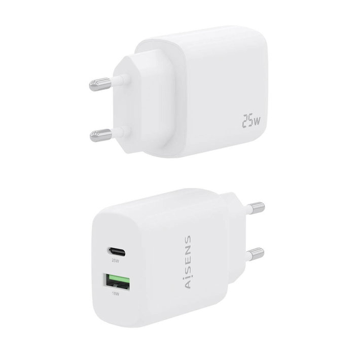 Aisens Cargador 25W con USB-C PD3.0 y USB-A QC3.0 Blanco