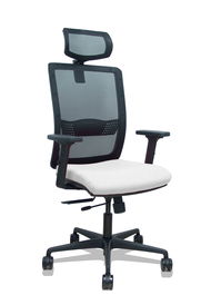 Silla de oficina Haches con mecanismo Sincro/Traslack tapizada con Tela color Blanco y malla color Negro. Equipada con lumbar 1D, Brazos 2D, Cabecero 2D y Ruedas 65mm nailon