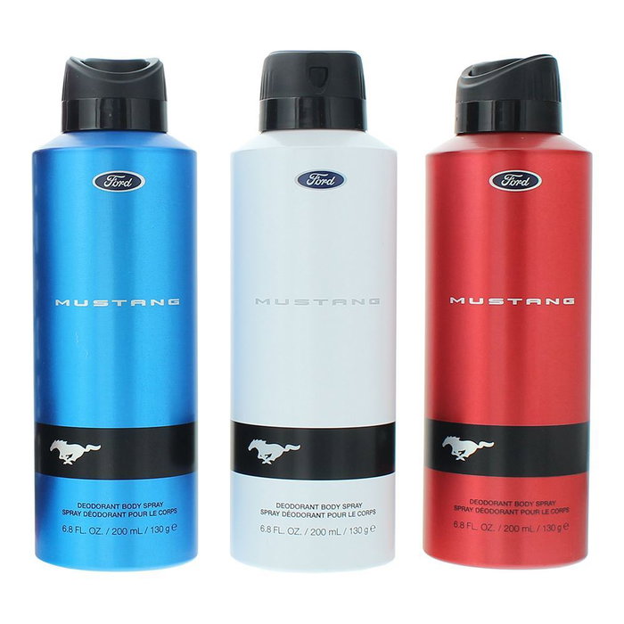 Set Ford: Mustang Blue, Deodorant Spray, For Men, 200 ml + Mustang Red, Deodorant Spray, For Men, 200 ml + Mustang White, Deodorant Spray, For Men, 200 ml
