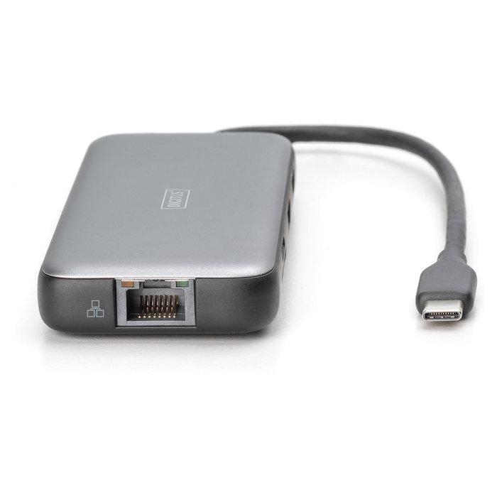 Digitus Estación de acoplamiento USB-C de 8 puertos (USB-C a 2 HDMI, DisplayPort, USB-A 3.2 Gen 2, USB PD 100 W, Gigabit LAN, SD/MicroSD) Negro y Gris