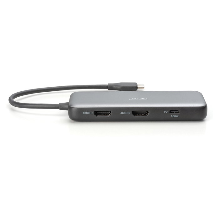 Digitus Estación de acoplamiento USB-C de 8 puertos (USB-C a 2 HDMI, DisplayPort, USB-A 3.2 Gen 2, USB PD 100 W, Gigabit LAN, SD/MicroSD) Negro y Gris