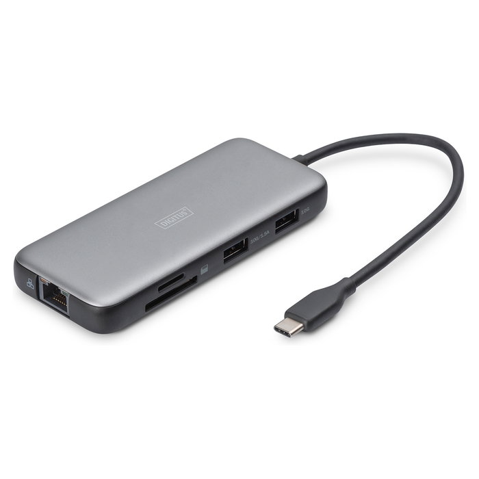 Digitus Estación de acoplamiento USB-C de 8 puertos (USB-C a 2 HDMI, DisplayPort, USB-A 3.2 Gen 2, USB PD 100 W, Gigabit LAN, SD/MicroSD) Negro y Gris
