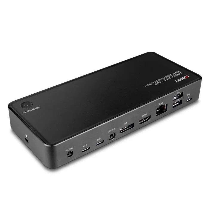 Lindy Switch KVM 43202 para 2 PCs, HDMI y DisplayPort 4K Ultra HD, USB-C, Ethernet, Negro