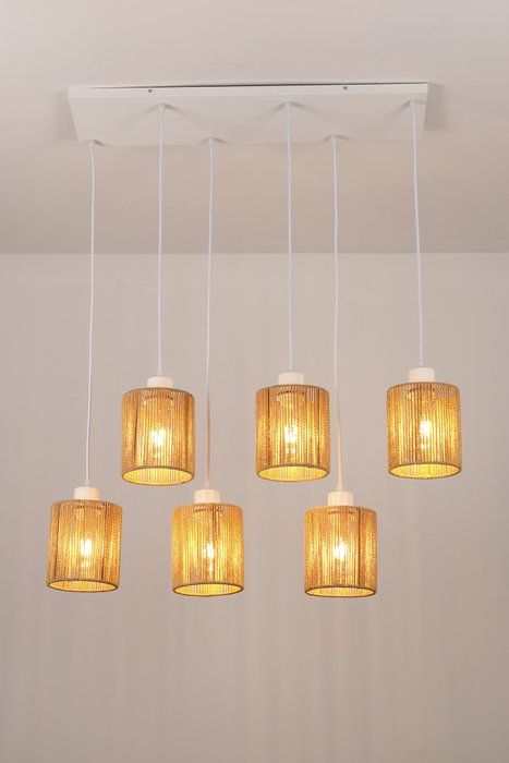 DKD Home Decor Lámpara de Techo de Hierro y Fibra, 6 Bombillas E27, Blanco y Marrón