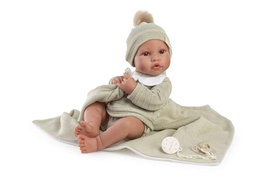 Antonio Juan Muñeco Recién Nacido Erik - Muñeca de bebé con toquilla verde 42cm, idiomas: español, ucraniano, francés, portugués, alemán, neerlandés, italiano, ruso, polaco, árabe