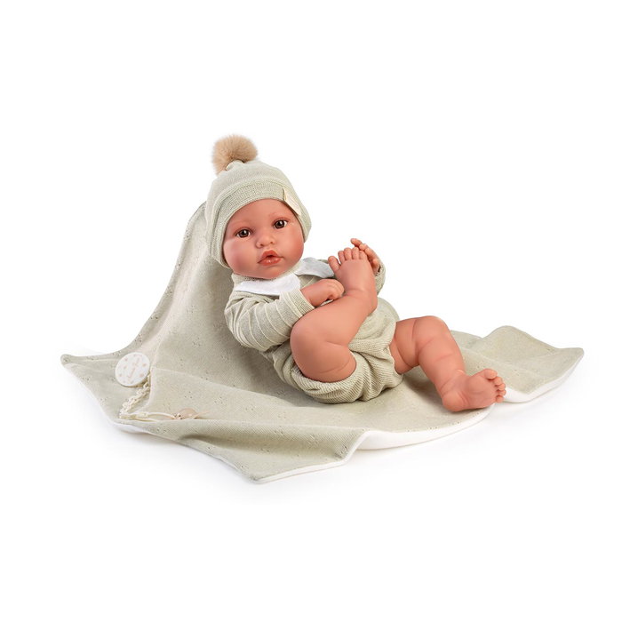 Antonio Juan Muñeco Recién Nacido Erik - Muñeca de bebé con toquilla verde 42cm, idiomas: español, ucraniano, francés, portugués, alemán, neerlandés, italiano, ruso, polaco, árabe