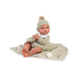 Antonio Juan Muñeco Recién Nacido Erik - Muñeca de bebé con toquilla verde 42cm, idiomas: español, ucraniano, francés, portugués, alemán, neerlandés, italiano, ruso, polaco, árabe