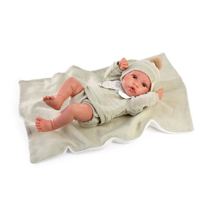Antonio Juan Muñeco Recién Nacido Erik - Muñeca de bebé con toquilla verde 42cm, idiomas: español, ucraniano, francés, portugués, alemán, neerlandés, italiano, ruso, polaco, árabe
