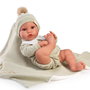 Antonio Juan Muñeco Recién Nacido Erik - Muñeca de bebé con toquilla verde 42cm, idiomas: español, ucraniano, francés, portugués, alemán, neerlandés, italiano, ruso, polaco, árabe