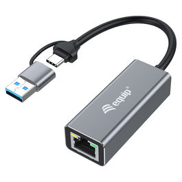 EQUIP Adaptador USB-C a RJ45 2.5Gbps + USB-A para Red Gigabit Ethernet Alámbrico Gris