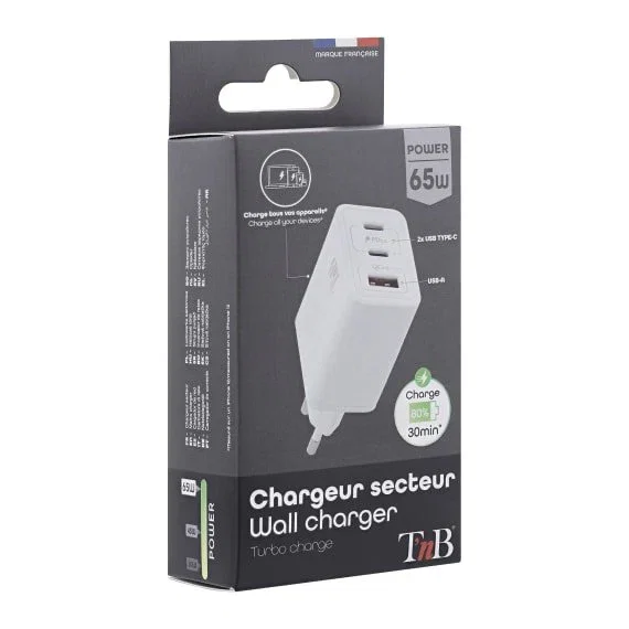TNB Cargador GaN 65W con 2 USB-C y 1 USB-A - Blanco
