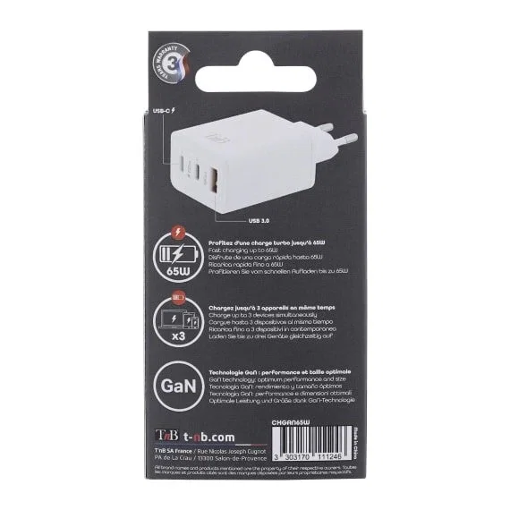 TNB Cargador GaN 65W con 2 USB-C y 1 USB-A - Blanco
