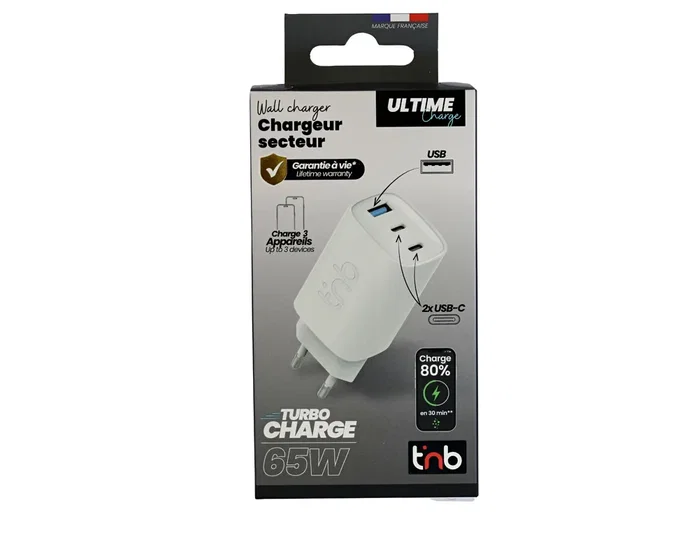 TNB Cargador GaN 65W con 2 USB-C y 1 USB-A - Blanco