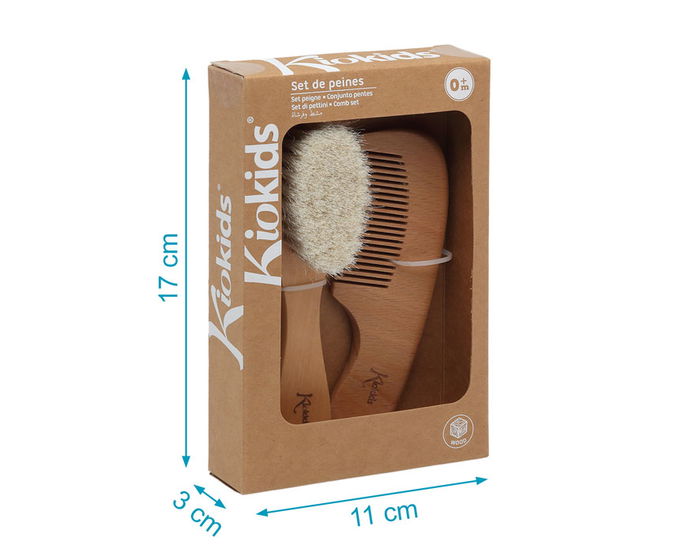KioKids Set de Peines Madera de Haya para Bebés Antialérgico Cerdas Extrasuaves Natural y Sostenible +0 Meses
