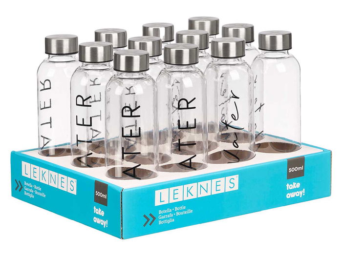 LEKNES Botella Agua Negro Transparente 500 ml Surtidos 6.5x21x6.5 cm (Set de 24)