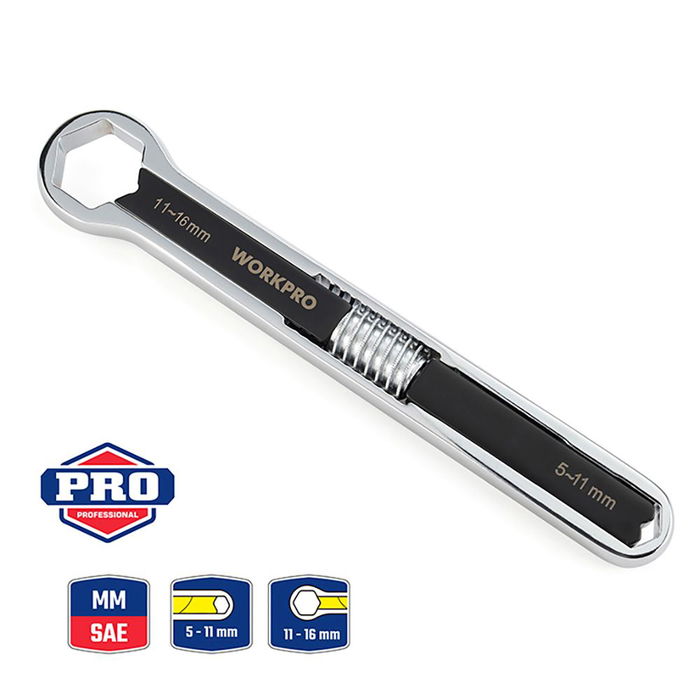 Workpro Llave Ajustable Universal para Pernos Redondeados - Métrica y SAE 5-16 mm - Acero Cromo Vanadio Forjado con Textura Antideslizante