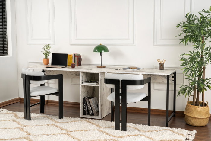 Nordure Escritorio de Estudio Doble Freesia Marble, Negro - 240cm Ancho x 74cm Alto x 60cm Profundo