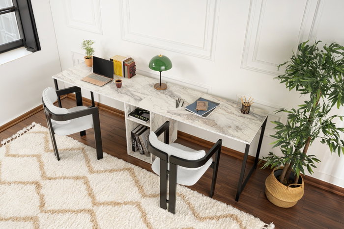 Nordure Escritorio de Estudio Doble Freesia Marble, Negro - 240cm Ancho x 74cm Alto x 60cm Profundo