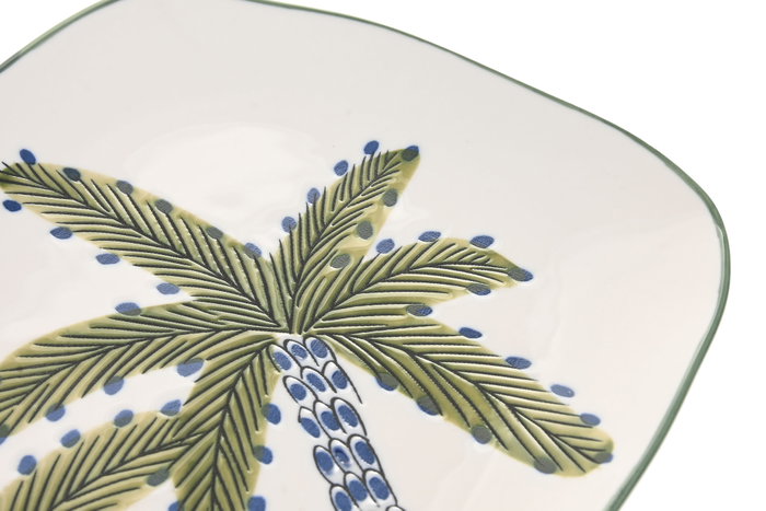 DKD Home Decor Bandeja de Porcelana Palmeras Azul y Verde Palm 25