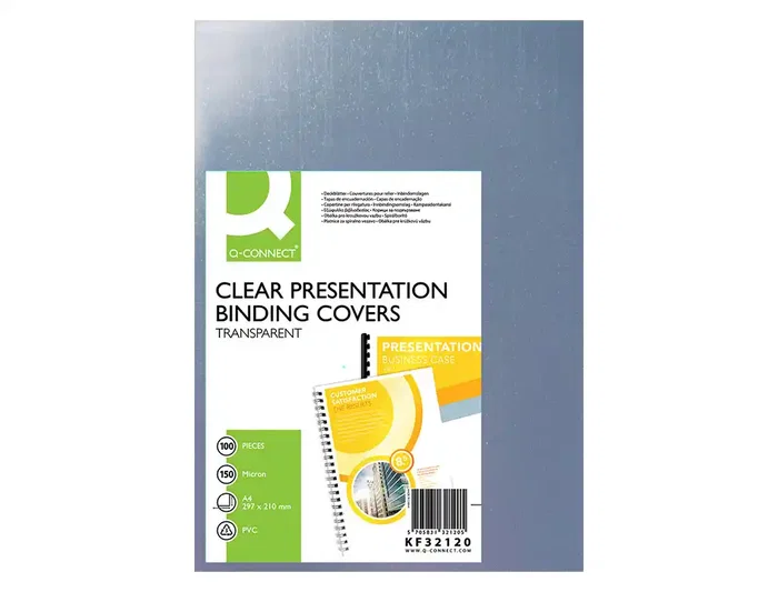 Q-connect Tapas de Encuadernación PVC DIN A4 Incolora 150 micras, Paquete de 100 Unidades