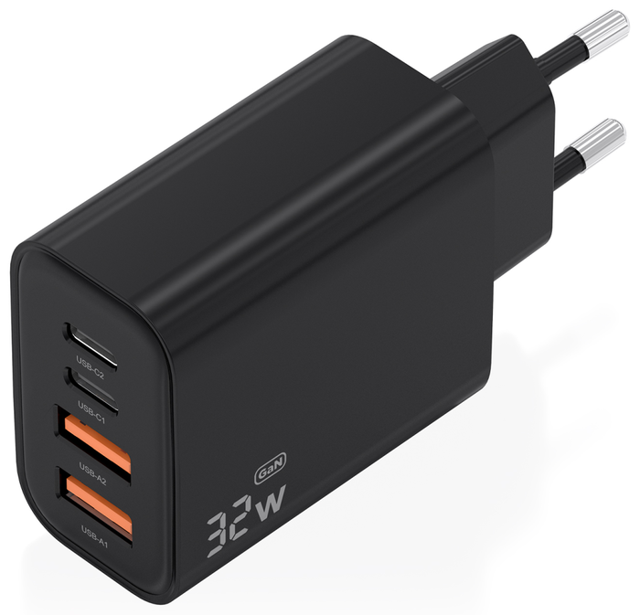 Aisens Cargador GaN 32W con 2xUSB-C y 2xUSB-A Negro A110-1028