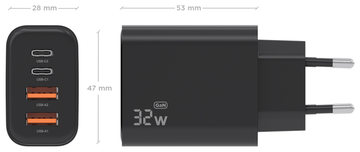 Aisens Cargador GaN 32W con 2xUSB-C y 2xUSB-A Negro A110-1028