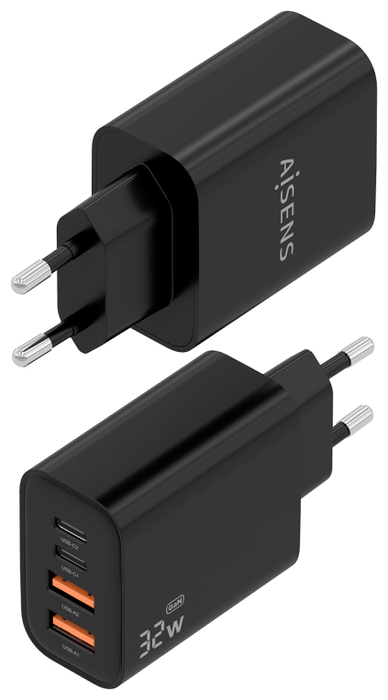 Aisens Cargador GaN 32W con 2xUSB-C y 2xUSB-A Negro A110-1028