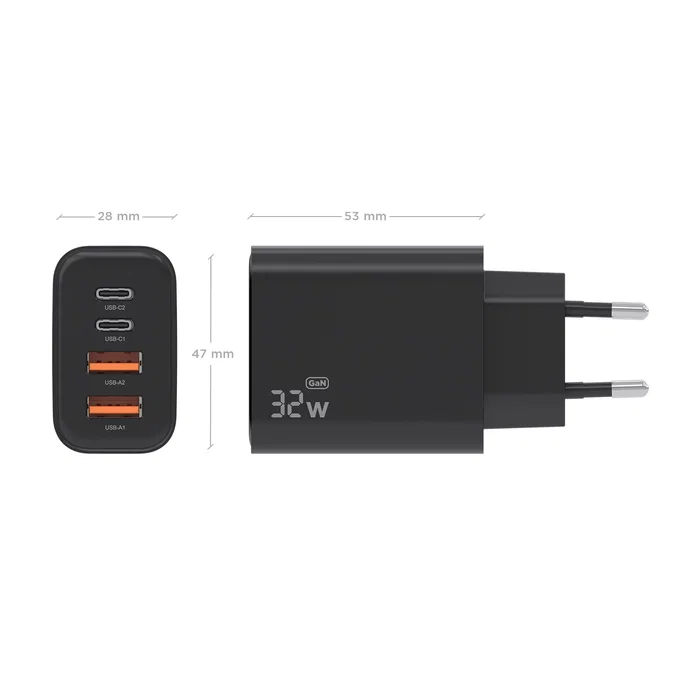 Aisens Cargador GaN 32W con 2xUSB-C y 2xUSB-A Negro A110-1028
