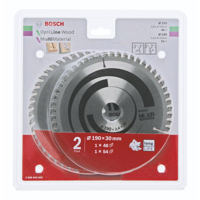 Bosch Juego de discos de sierra circular 190 mm (1x Optiline Wood + 1x Multi Material) Bosch Juego de discos de sierra circular 190 mm (1x Optiline Wood + 1x Multi Material)