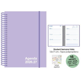 Agenda Anual (2026-27) Senfort 16 Meses Student Unicolor Espiral Tapa Pp Con Goma 120X170 S/V Pastel Lila