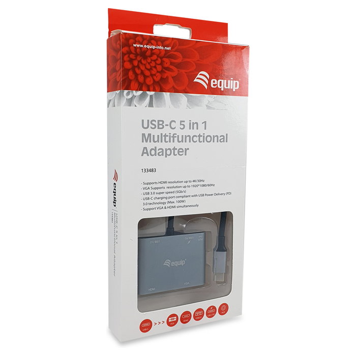Equip Adaptador USB-C 5 en 1 con HDMI 4K, VGA, USB 3.0 y Carga 100W