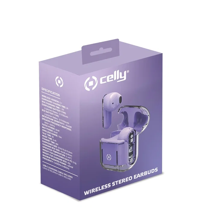 Celly SHEER Auriculares True Wireless Stereo Transparente, Violeta