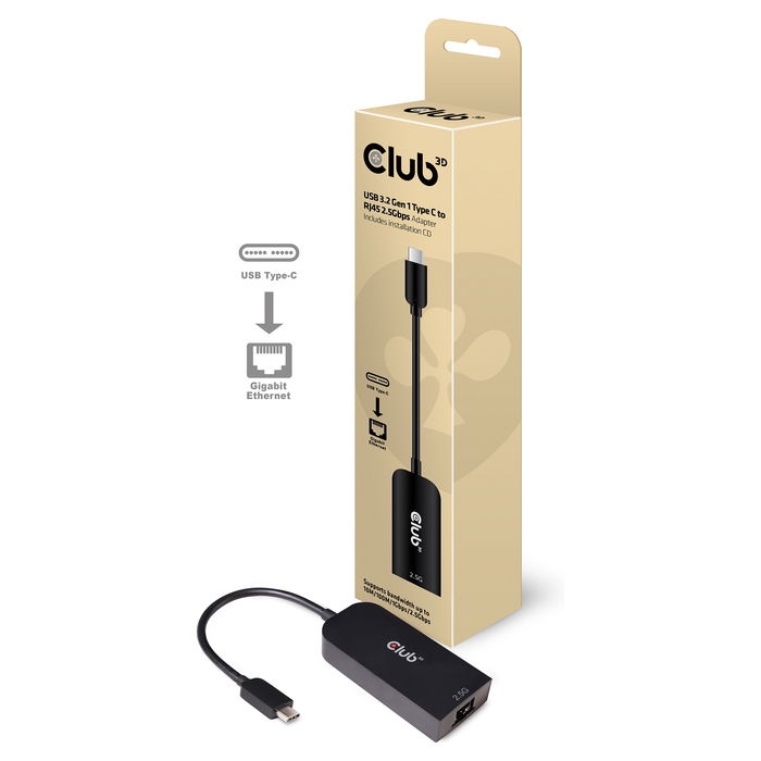Club 3D Adaptador USB 3.2 Tipo C a RJ45 Gigabit Ethernet 2.5 Gb/s Negro y Azul, para Portátil, PC, Mac