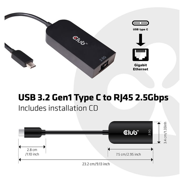 Club 3D Adaptador USB 3.2 Tipo C a RJ45 Gigabit Ethernet 2.5 Gb/s Negro y Azul, para Portátil, PC, Mac