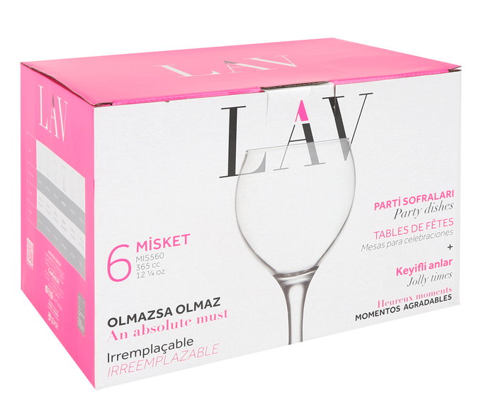 Lav Set de 6 Copas para Vino Tinto, Cristalería Misket, Capacidad 365 ml, Altura 17.5 cm (4 Cajas)