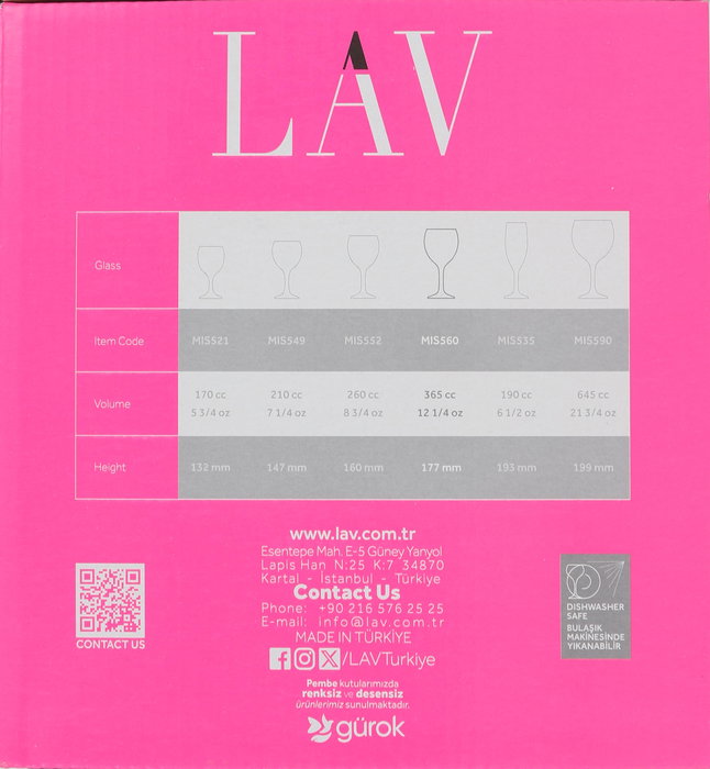 Lav Set de 6 Copas para Vino Tinto, Cristalería Misket, Capacidad 365 ml, Altura 17.5 cm (4 Cajas)