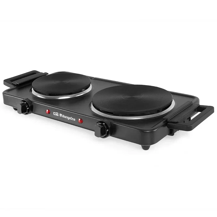 Orbegozo PE2855 Placa Eléctrica de Encimera, 2 Zonas (155mm 1000W y 185mm 1500W), Negro - Cocina Eléctrica Portátil con Termostatos y Asas Plegables
