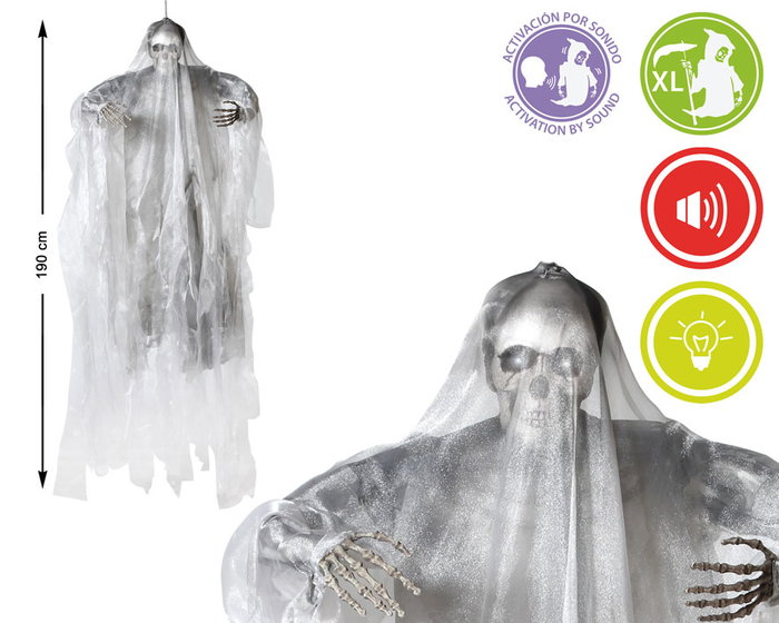 Calavera Colgante XL Con Capa Oscura Y Luz 190 cm Decoración Halloween Calavera Colgante XL Con Capa Oscura Y Luz 190 cm Decoración Halloween