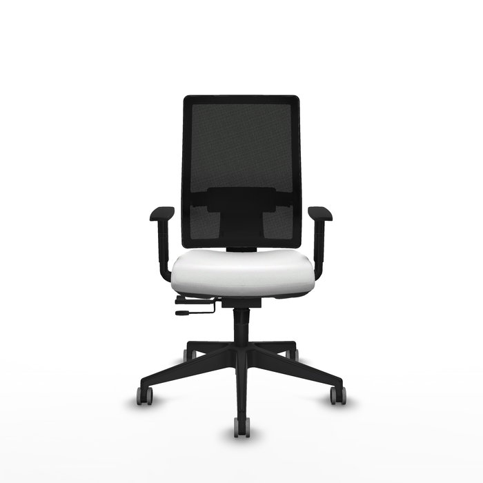 Silla de oficina Horna con mecanismo Sincro/Traslack tapizada con Tela color Blanco y malla color Negro. Equipada con lumbar 1D, Brazos 1D y Ruedas 65 mm parqué