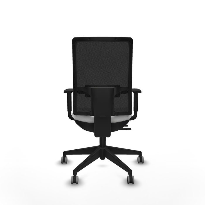 Silla de oficina Horna con mecanismo Sincro/Traslack tapizada con Tela color Blanco y malla color Negro. Equipada con lumbar 1D, Brazos 1D y Ruedas 65 mm parqué