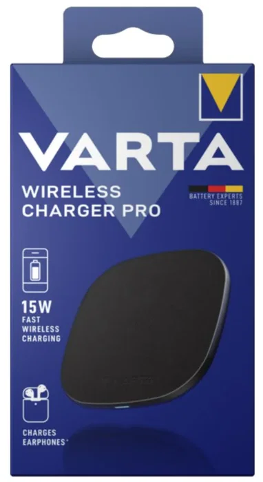 Varta 57905 Cargador Inalámbrico Rápido 15W Pro Qi con Adaptador 18W, 5V/9V/12V para Smartphone y Auriculares, Color Negro