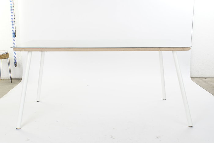 DKD Home Decor Mesa Comedor Terraza Y Jardin Beige Blanco 90 x 75 x 160 cm Set 7 Piezas Aluminio Poliester Cuerda Cristal