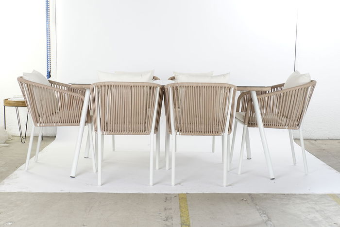 DKD Home Decor Mesa Comedor Terraza Y Jardin Beige Blanco 90 x 75 x 160 cm Set 7 Piezas Aluminio Poliester Cuerda Cristal