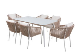 DKD Home Decor Mesa Comedor Terraza Y Jardin Beige Blanco 90 x 75 x 160 cm Set 7 Piezas Aluminio Poliester Cuerda Cristal