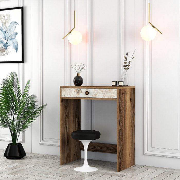 Hanah Home Lizbon Mesa de Maquillaje, Nogal, Blanco, Mármol