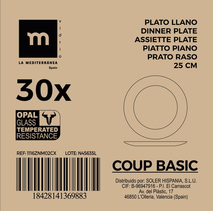 La Mediterranea Plato Llano Opal Coup Basic 25,4 cm (30 Unidades) de la colección Coup Basic de 428 g c/u