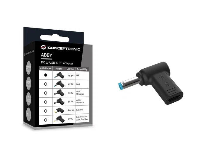 Conceptronic ABBY15PC01 Adaptador DC a USB-C HP 4.5x3.0mm Conceptronic ABBY15PC01 Adaptador DC a USB-C HP 4.5x3.0mm
