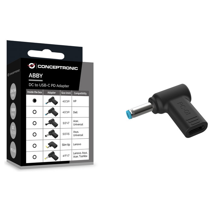 Conceptronic Adaptador USB-C a HP 4.5x3.0mm 18-20V ABBY15PC01 Negro