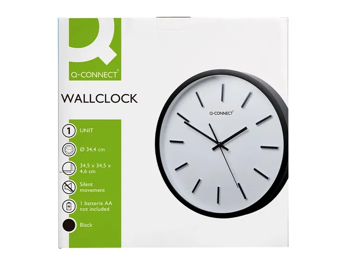 Q-connect Reloj de Pared Redondo de Plástico Negro 34,4 cm Movimiento Silencioso