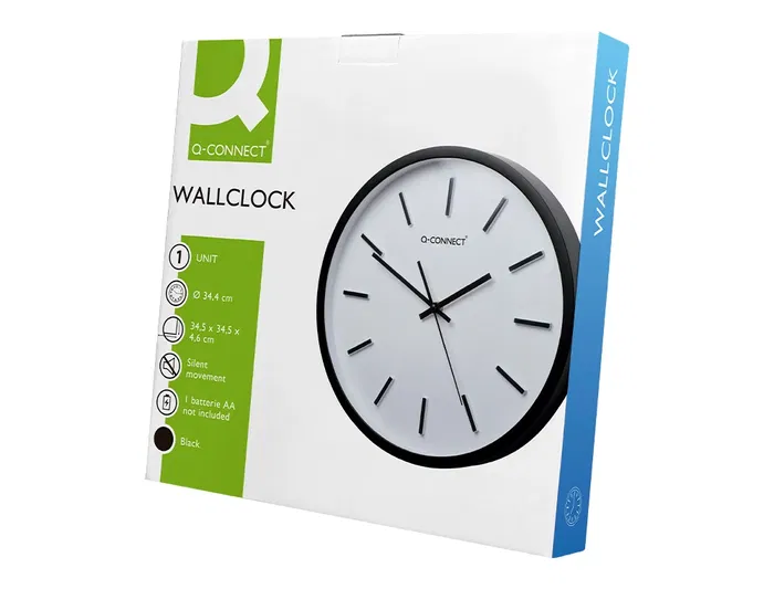 Q-connect Reloj de Pared Redondo de Plástico Negro 34,4 cm Movimiento Silencioso